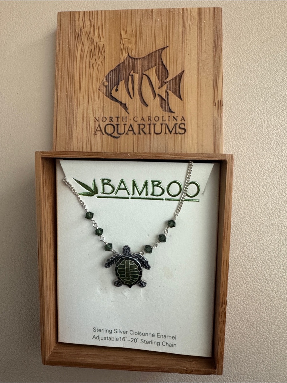 BAMBOO Sterling Silver Turtle Necklace with Green Enamel Accents